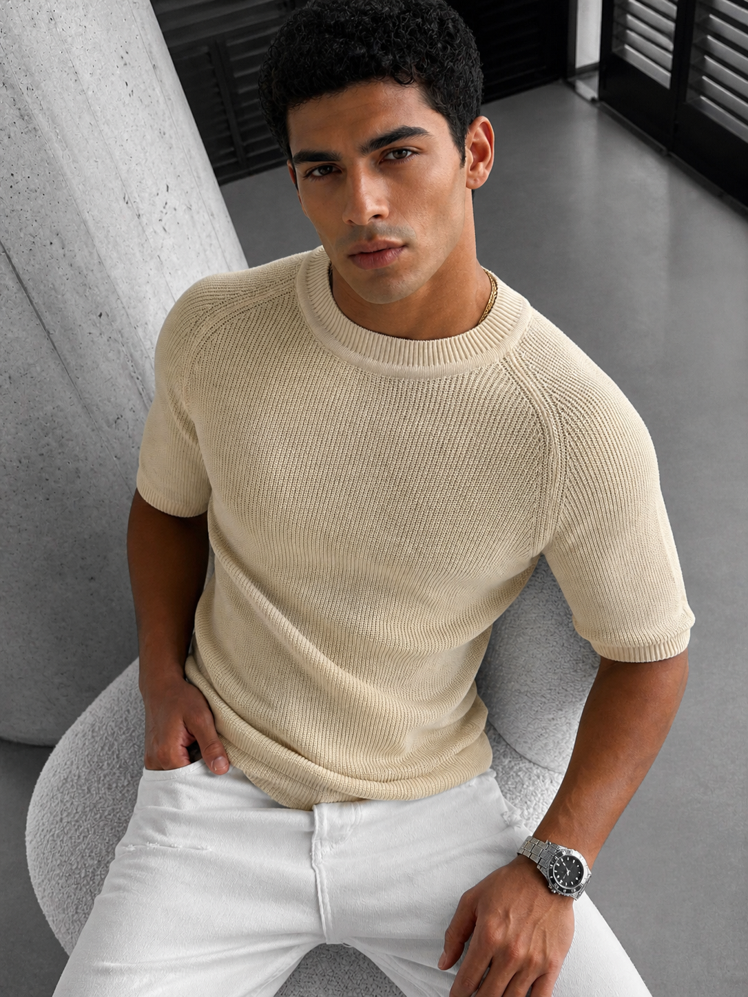Essential Ribbed Knit T-Shirt  beige – 0018