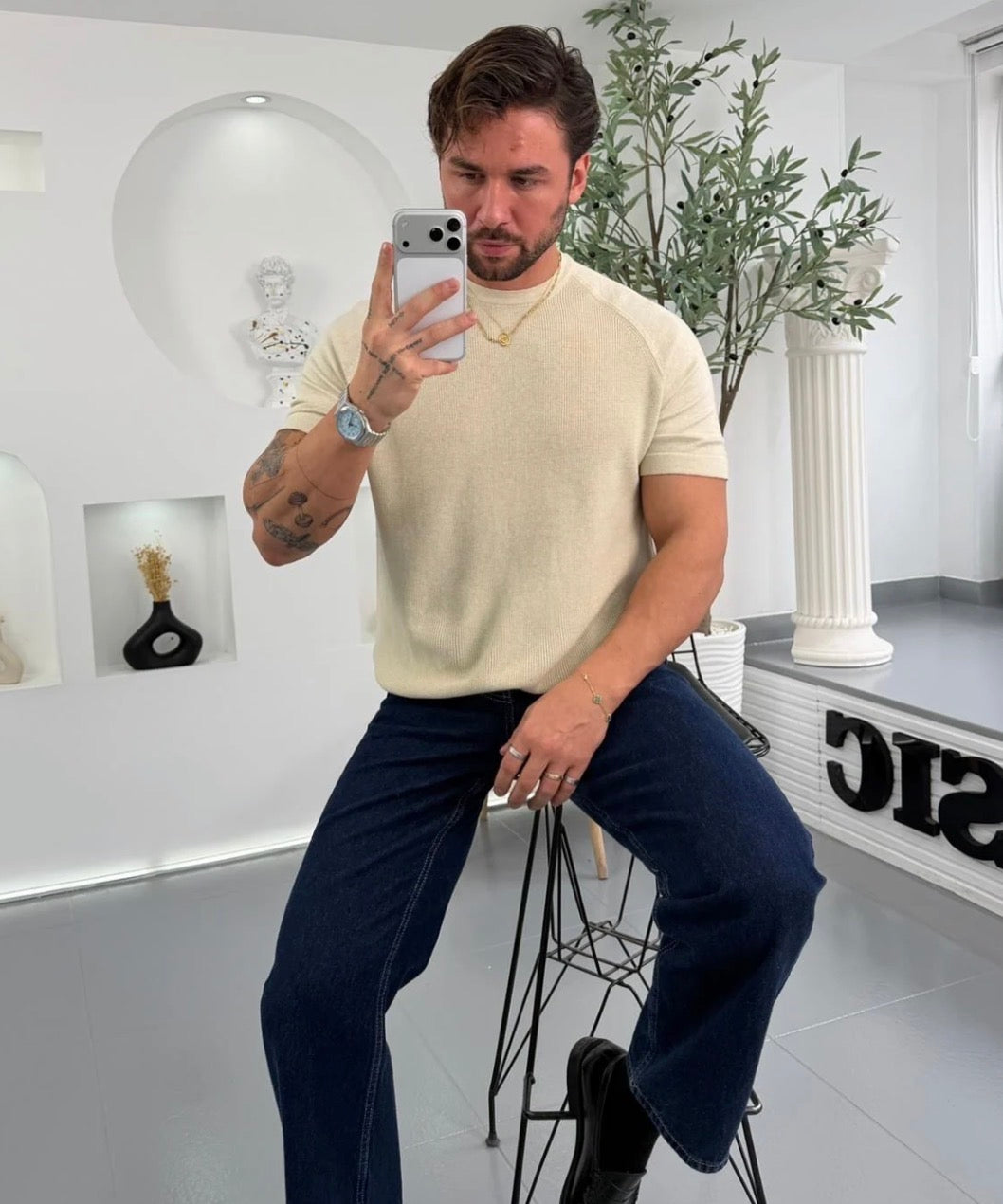 Slim Fit Ribbed Knit T-Shirt – Beige 0170