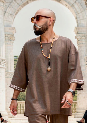 Oversized Linen Ethnic Top – Desert Taupe - 0134 dark brown