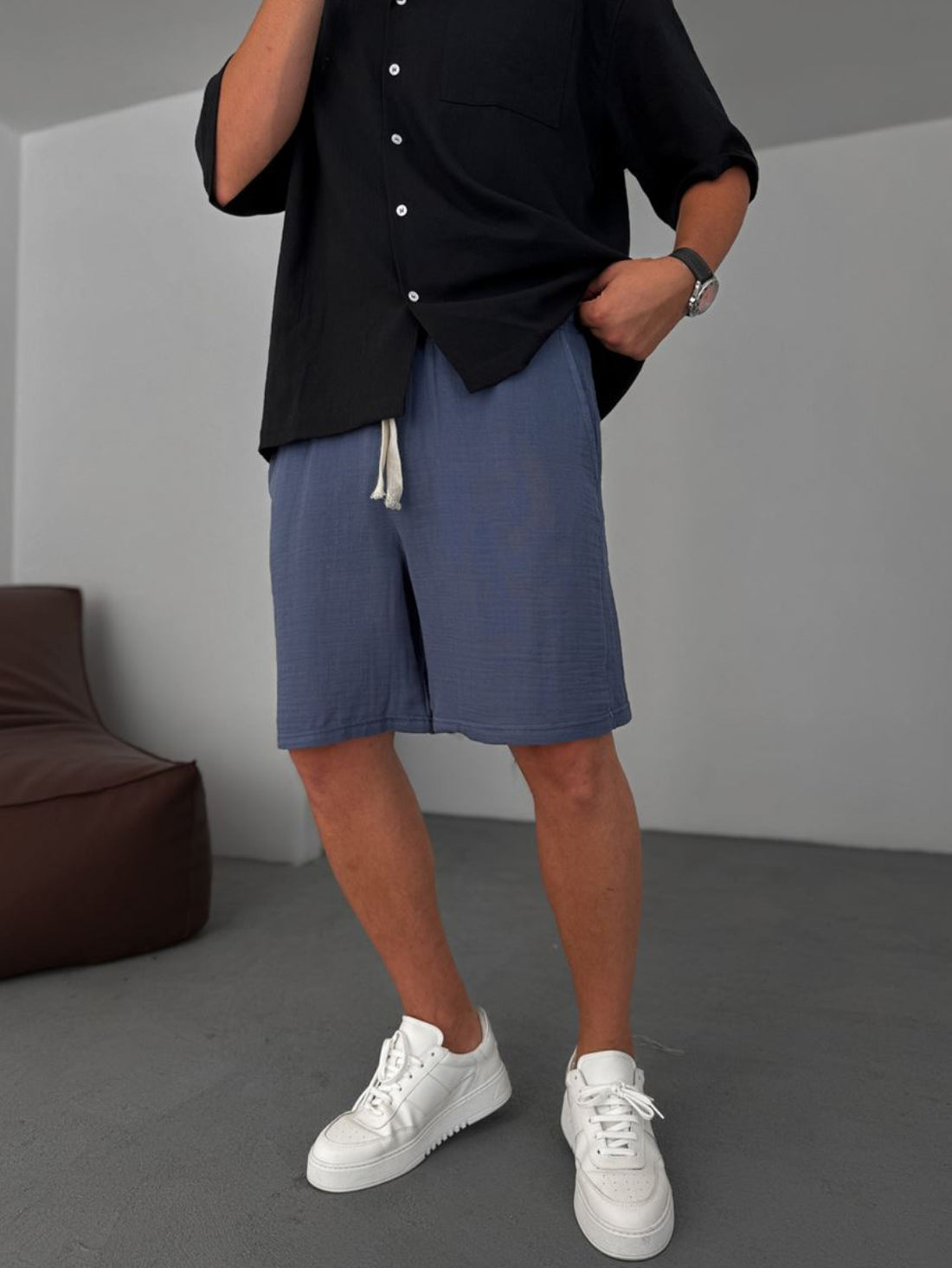 Muslin Fabric Linen Short - 002 - blue