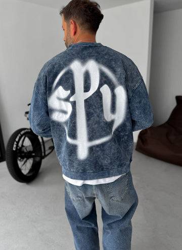Washed spyware printed sweatshirt / navy blue  - 0056