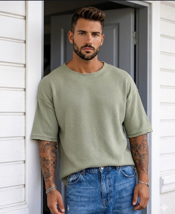 Oversized cropped cotton shirt - mint green - 0023
