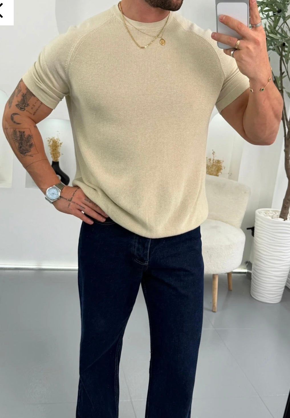 Slim Fit Ribbed Knit T-Shirt – Beige 0170