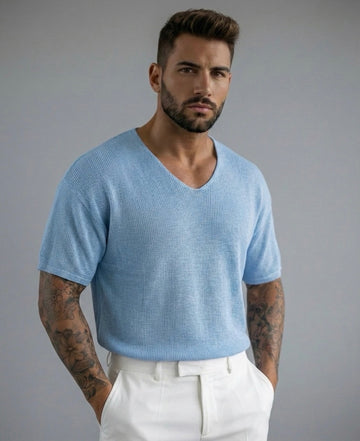 Ribbed V-Neck Knit T-Shirt – baby-blue  0032