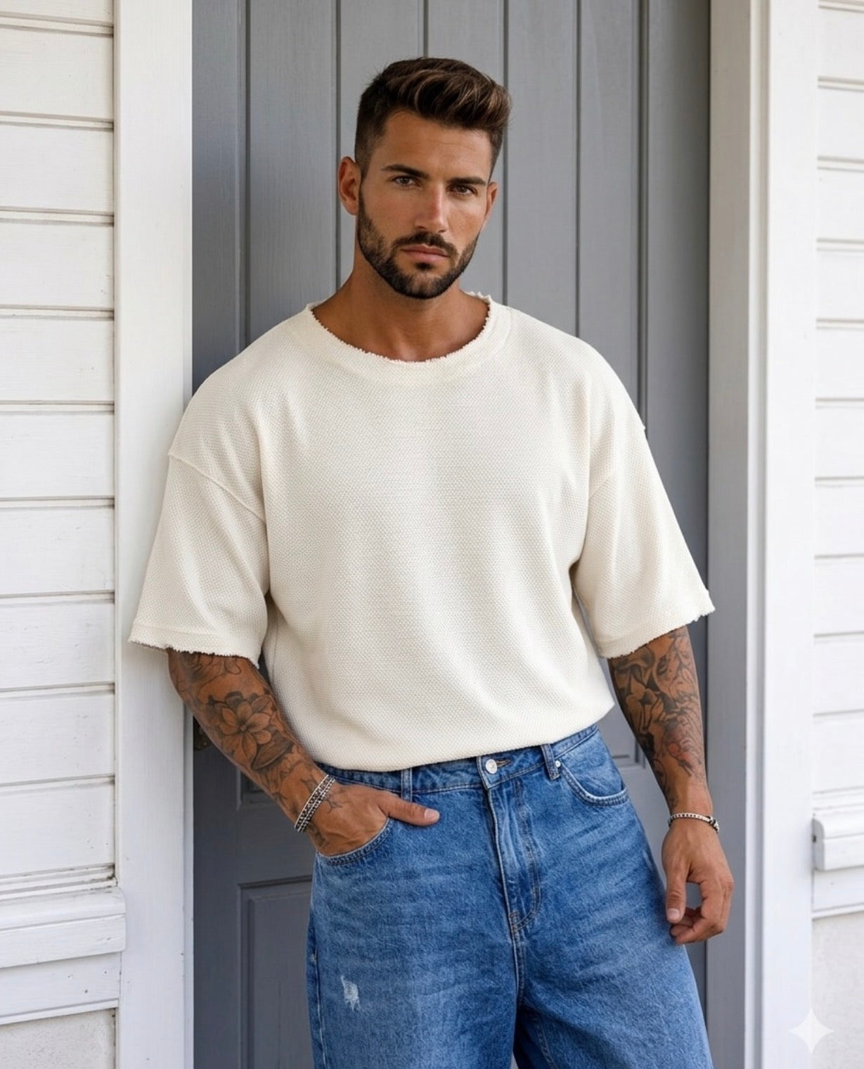 Oversized cotton shirt - off white- 0023
