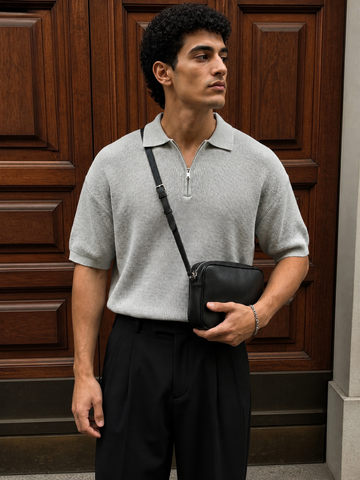 Textured Half-Zip Polo / Gray / 0160
