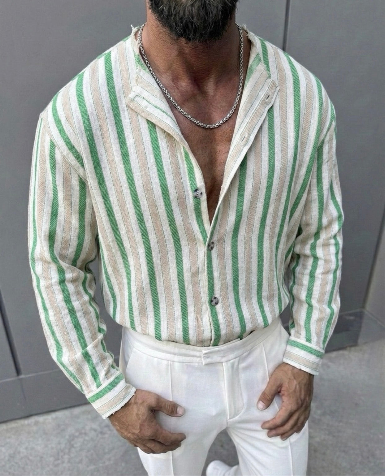 Striped Linen Shirt / green 0138