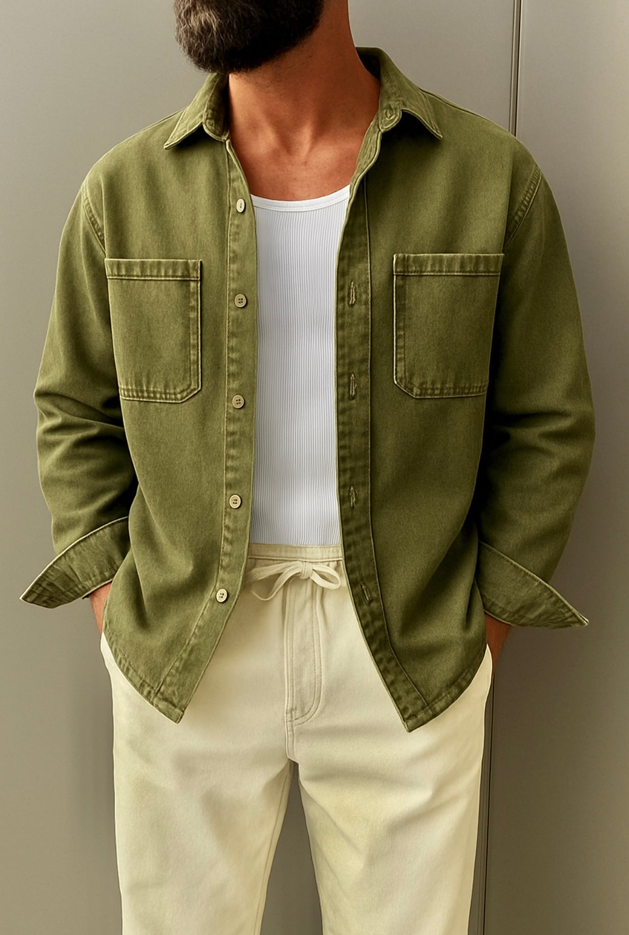 Men denim shirt - green army  0069