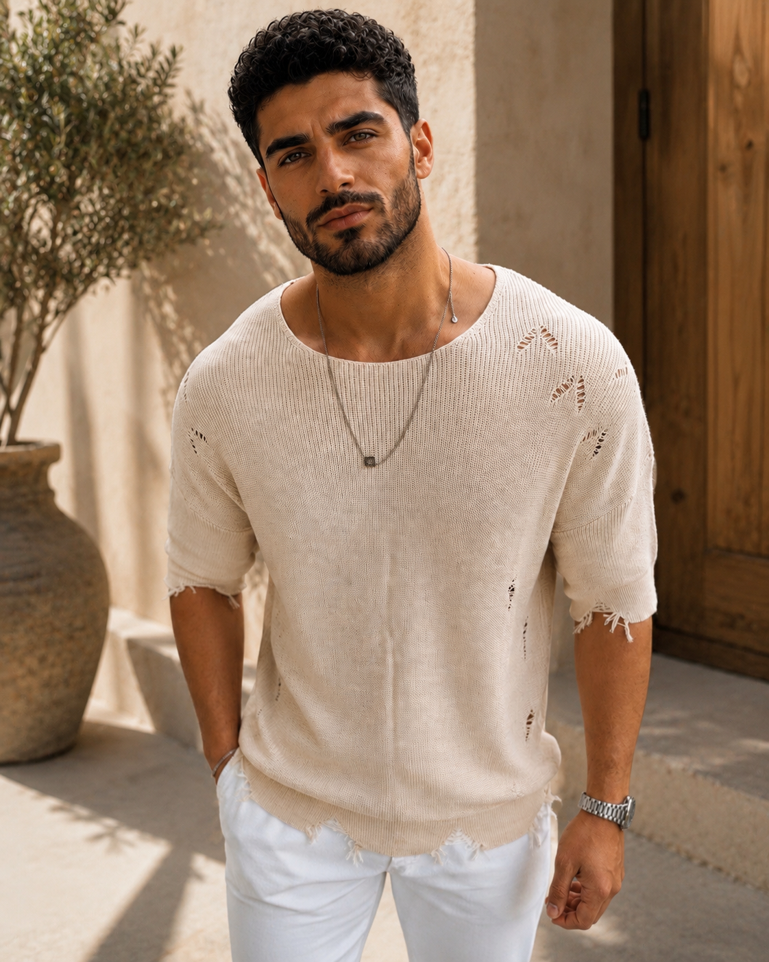 Premium Distressed Knit T-Shirt – creamy 0026
