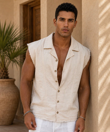 Raw Edge Sleeveless Linen Shirt - 0223/ beige