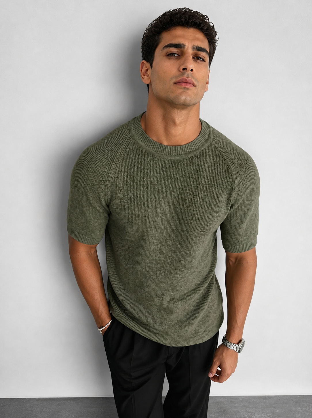 Essential Ribbed Knit T-Shirt  olive oiled– 0018