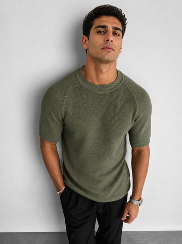 Essential Ribbed Knit T-Shirt  olive oiled– 0018