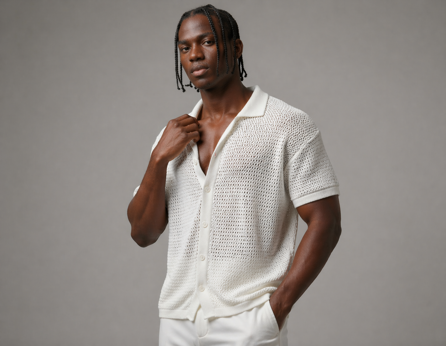 Premium Textured Knit Short-Sleeve Shirt / offwhite  0169
