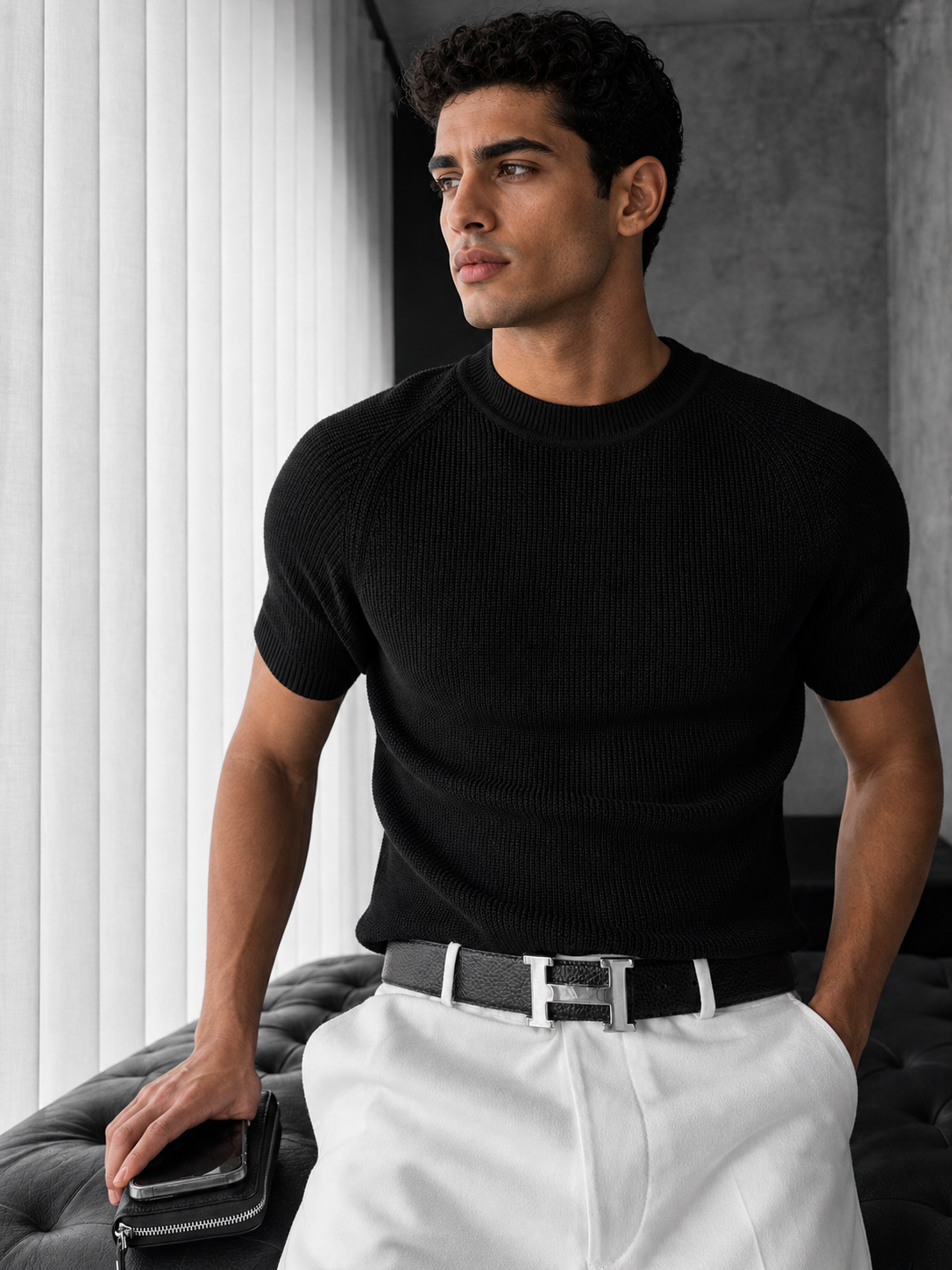 Essential Ribbed Knit T-Shirt – black 0018