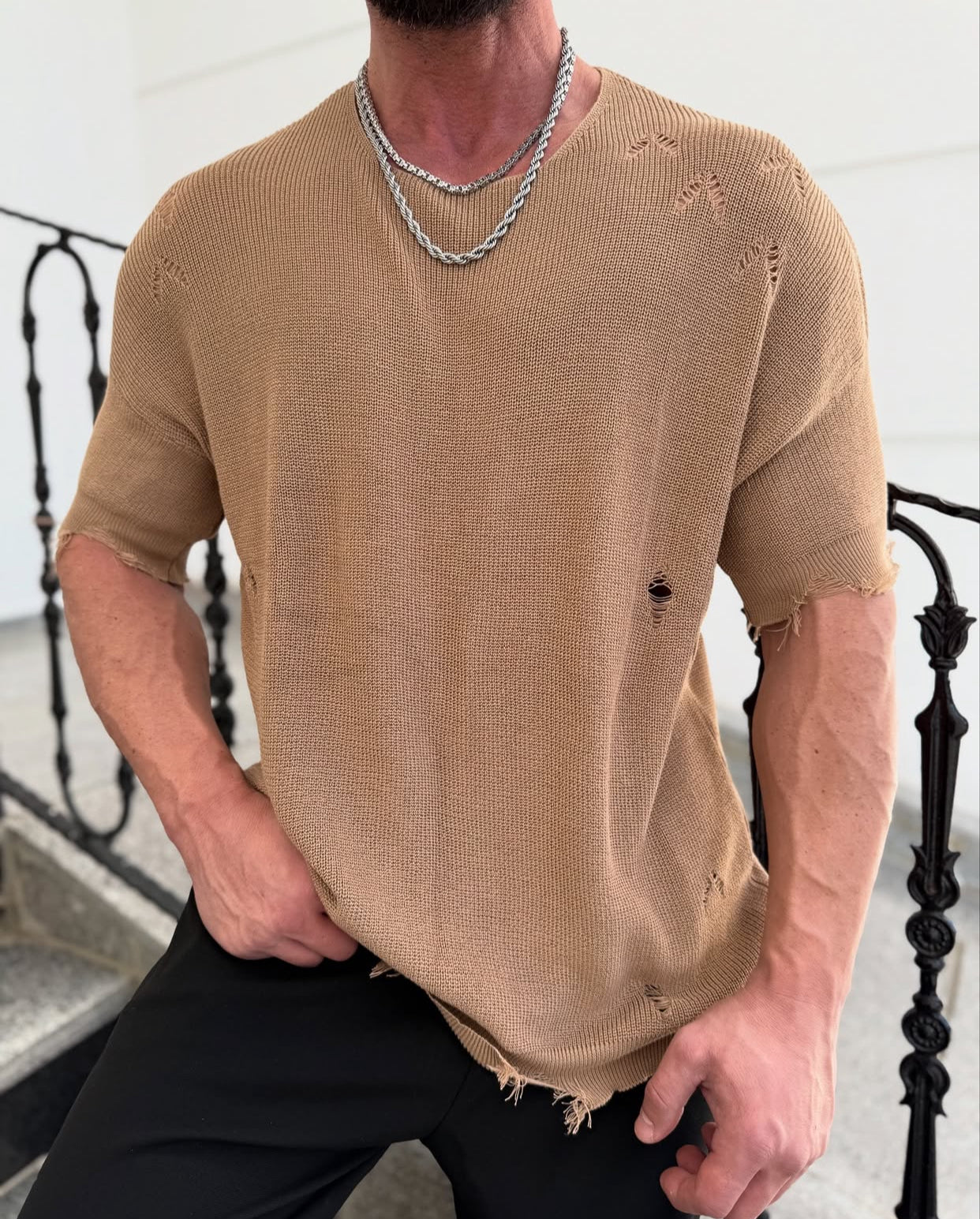 Cotton knitwear shirt - brown- 0026