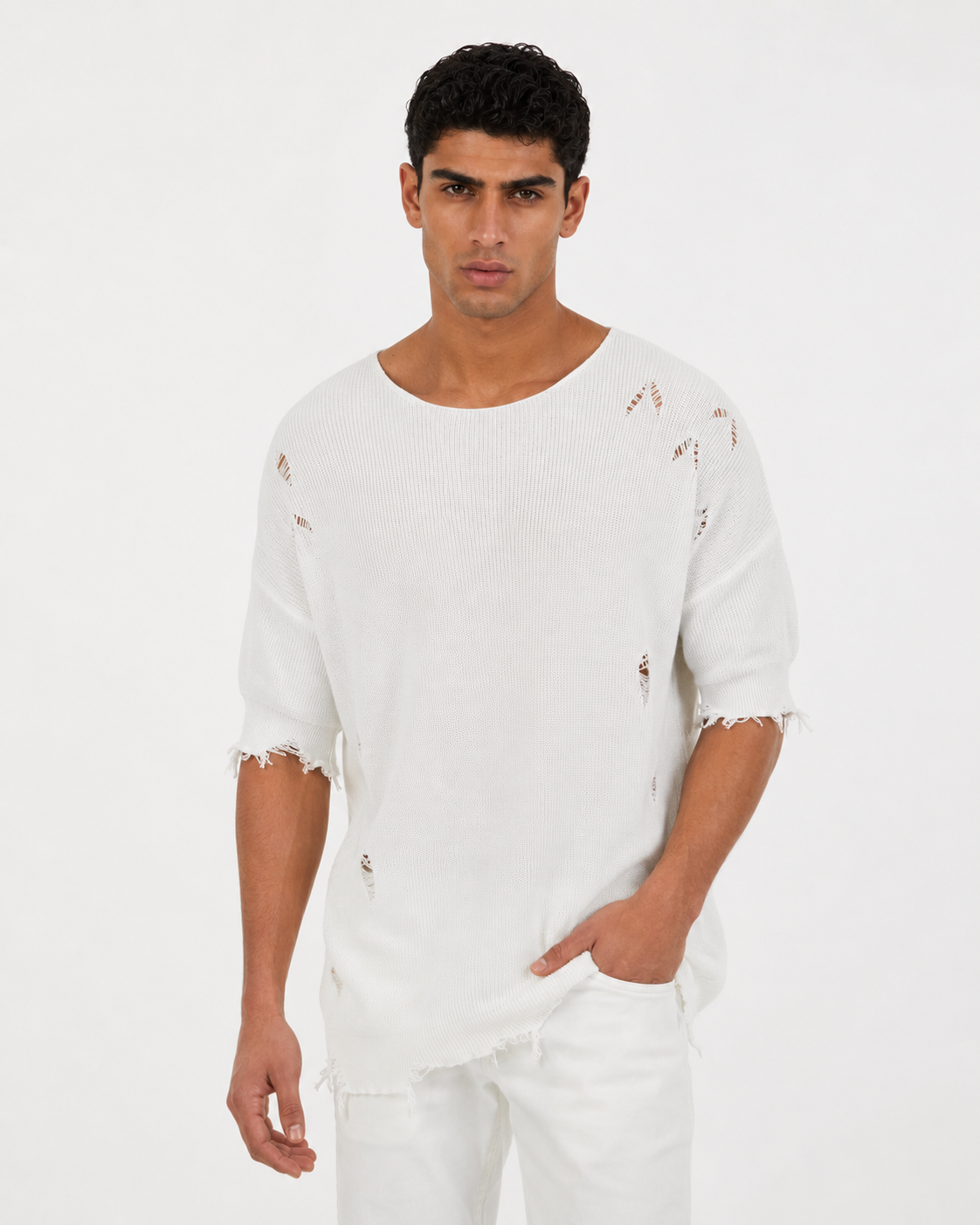 Premium Distressed Knit T-Shirt – white 0026