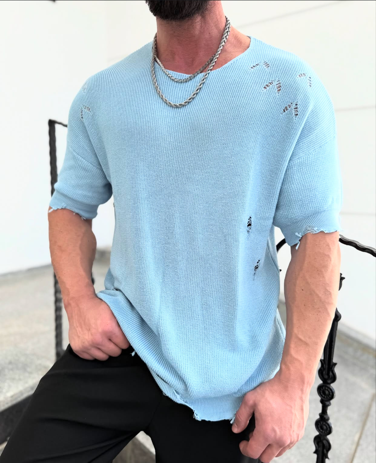 Cotton knitwear shirt - baby-blue - 0026