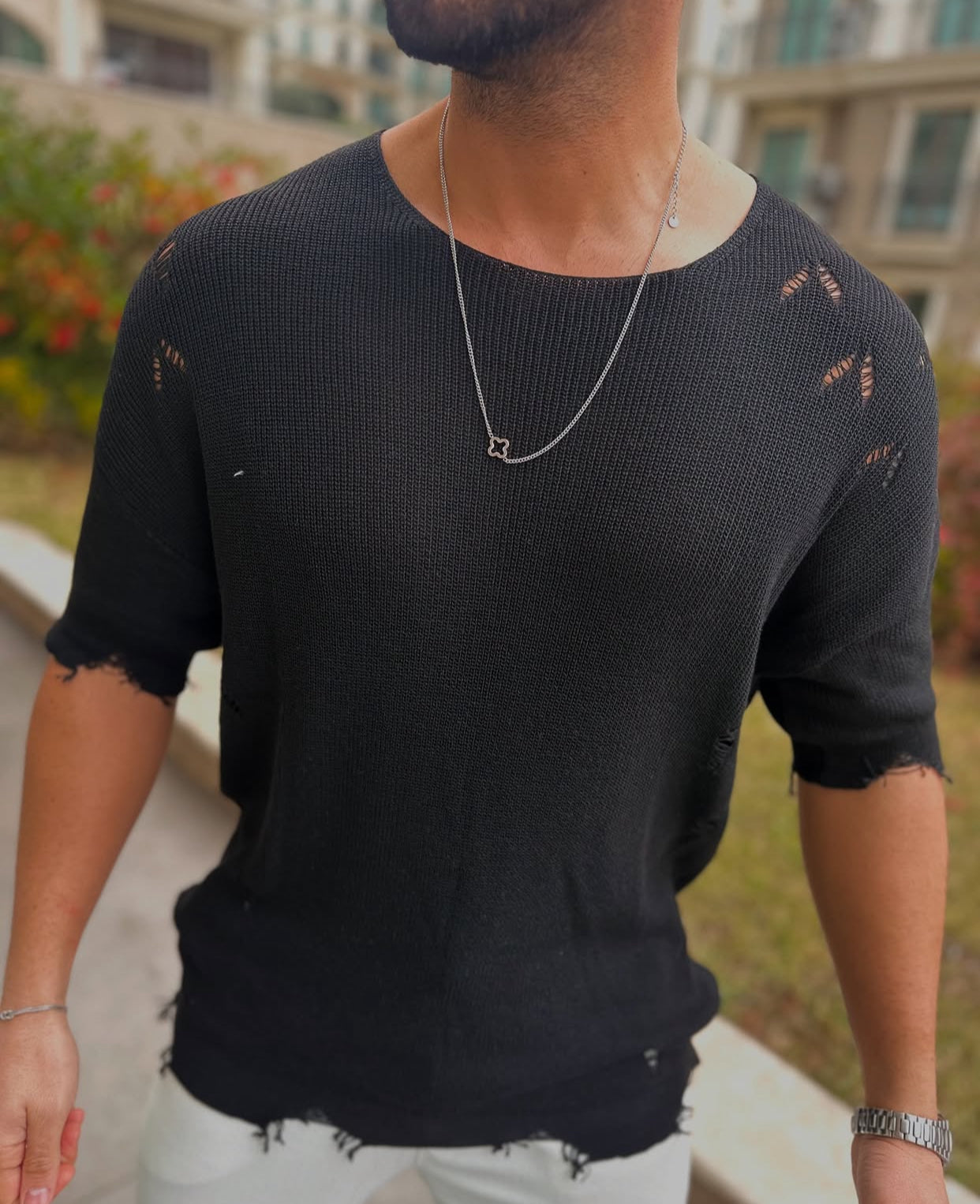 Slimfit - knitewear cotton shirt -Balck -0017