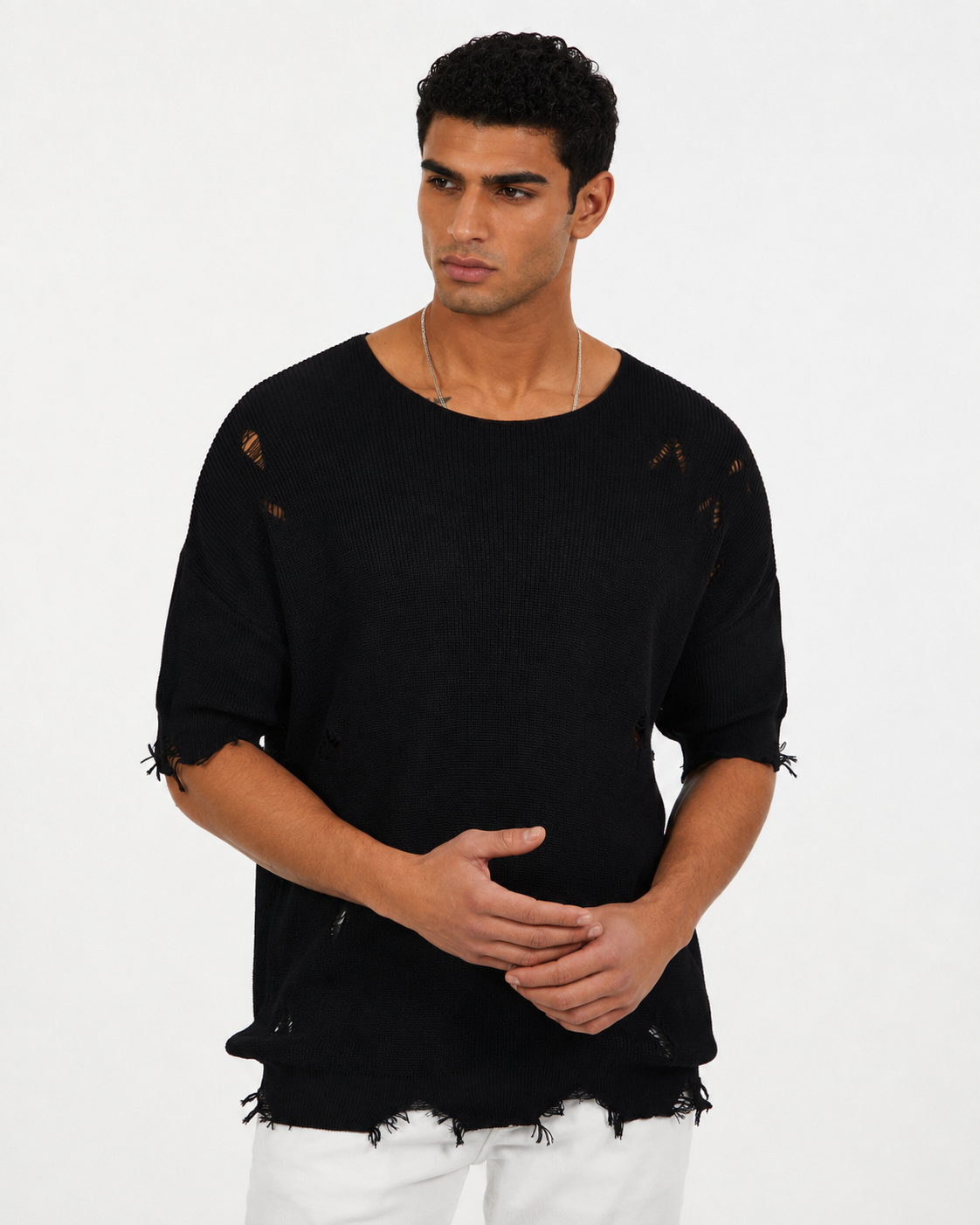 Premium Distressed Knit T-Shirt – black 0026