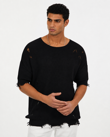 Premium Distressed Knit T-Shirt – black 0026