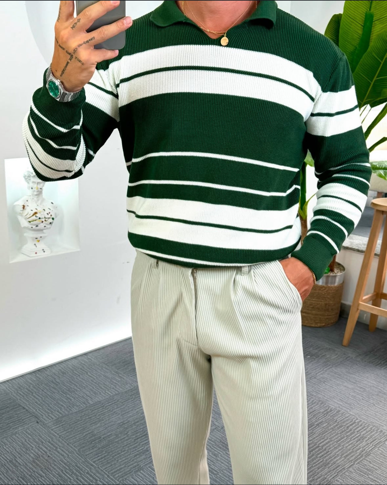 White- green stripes pullover - 0098