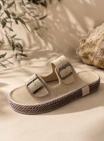 Suede Double-Buckle Sandals - 0211 / beige
