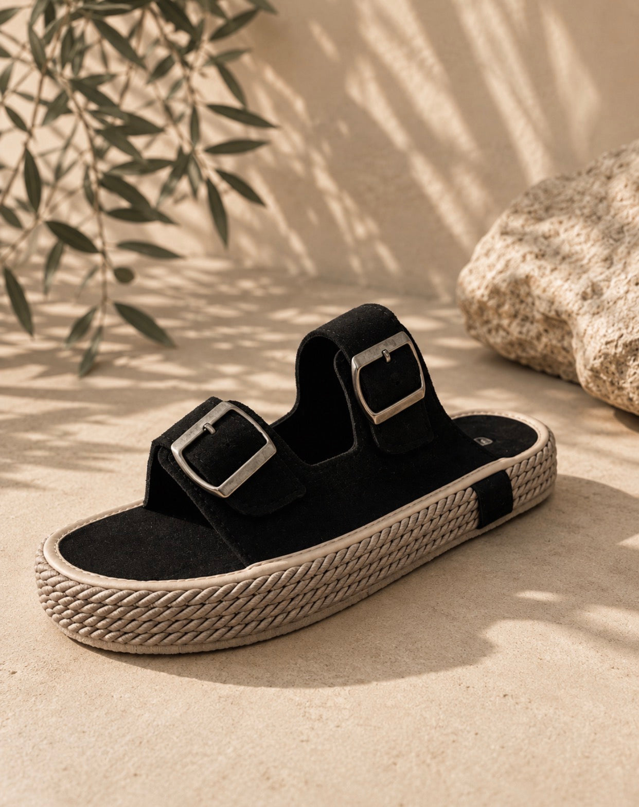 Suede Double-Buckle Sandals - 0211 / black