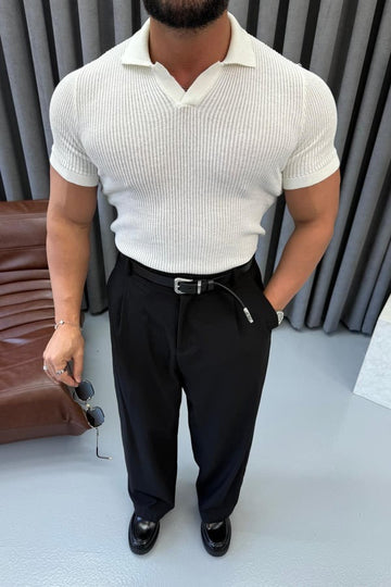 Ribbed Knit Polo – white 0136