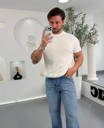 Slim Fit Ribbed Knit T-Shirt – white 0170