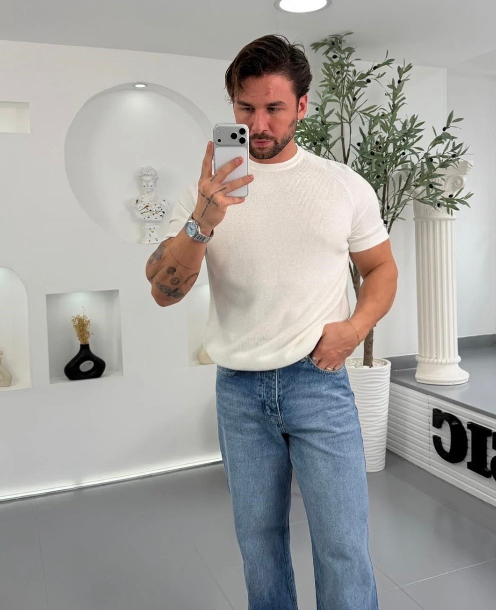 Slim Fit Ribbed Knit T-Shirt – white 0170