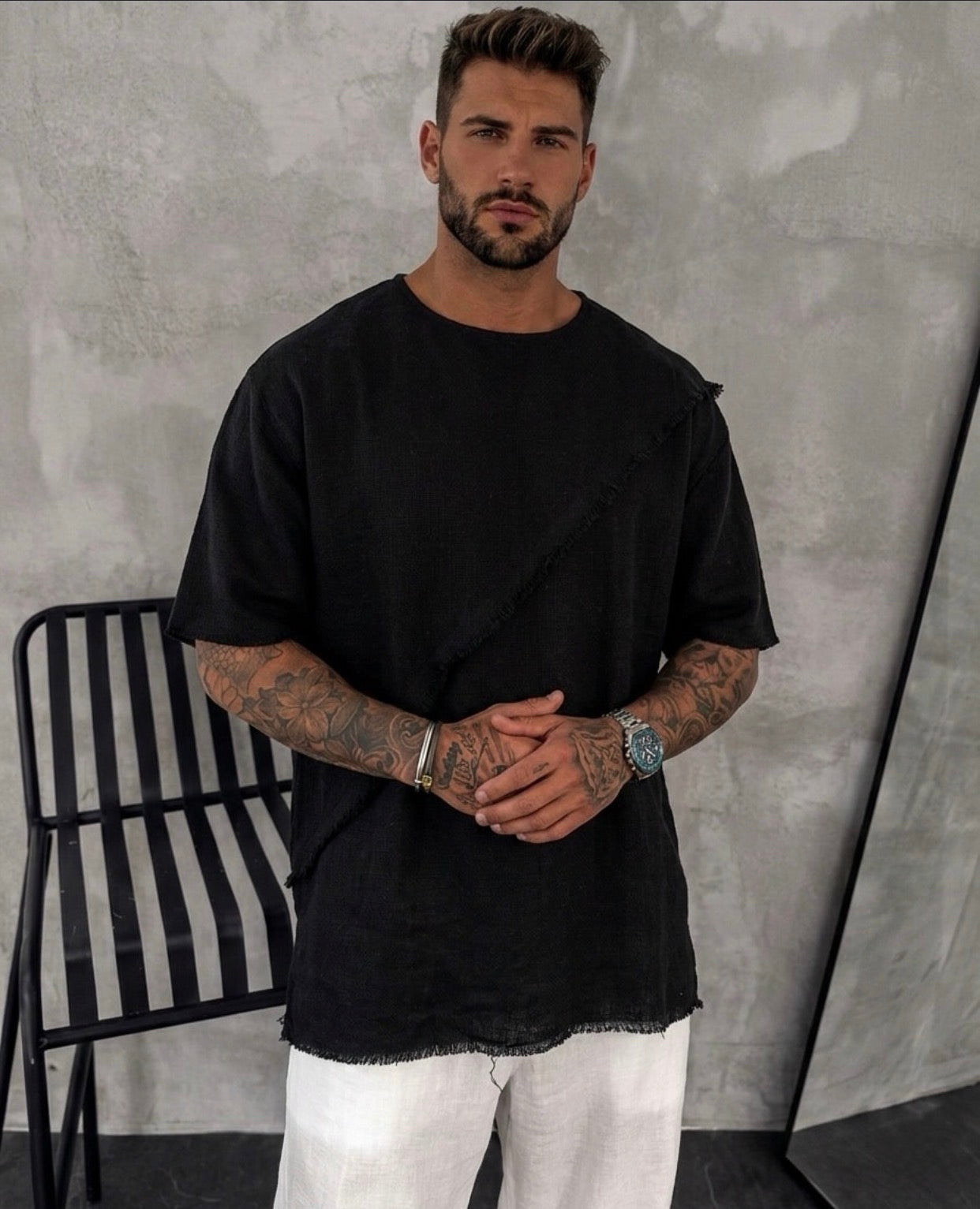 Linen Textured Oversized Summer Tshirt– black / 0168