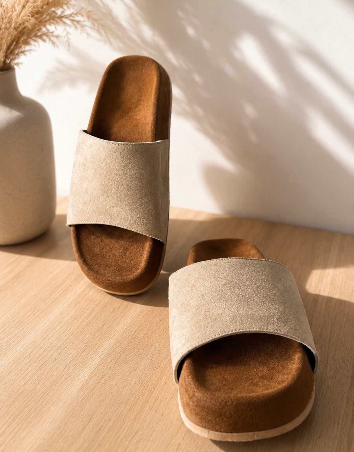 Leather Comfort Slide Sandals-beige - 009